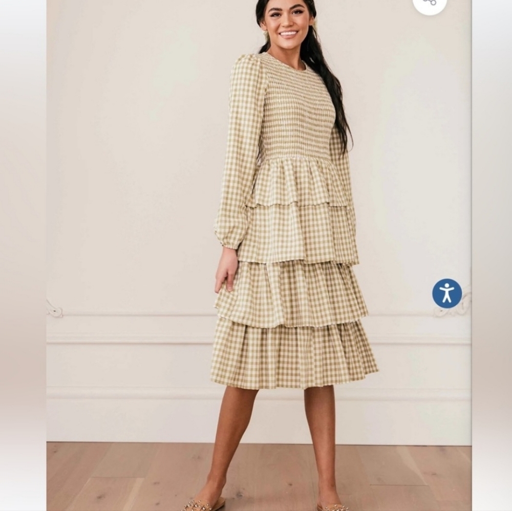 Jessakae Gather Green Gingham Tiered Midi Dress M - Picture 2 of 10